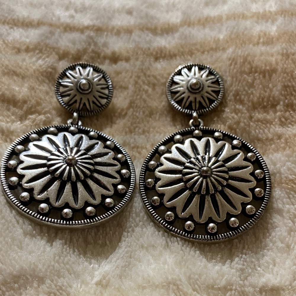 Silver-Tone Floral Medallion Drop Earrings - Women Jewelry